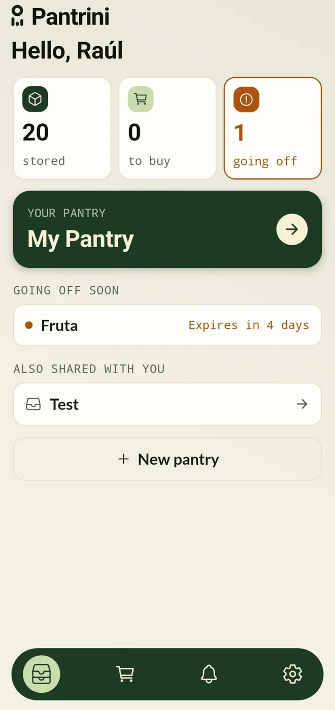 The home screen: items, shopping and expiry at a glance