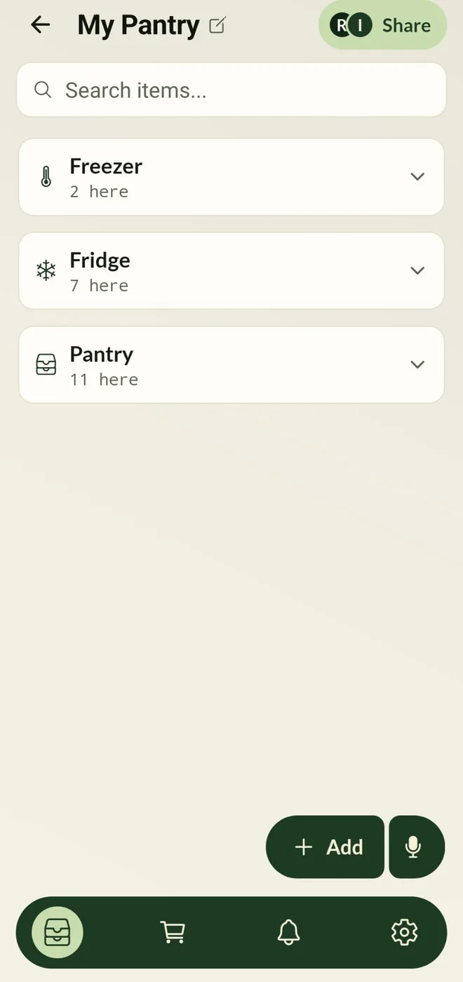 The pantry list, showing amounts and expiry dates