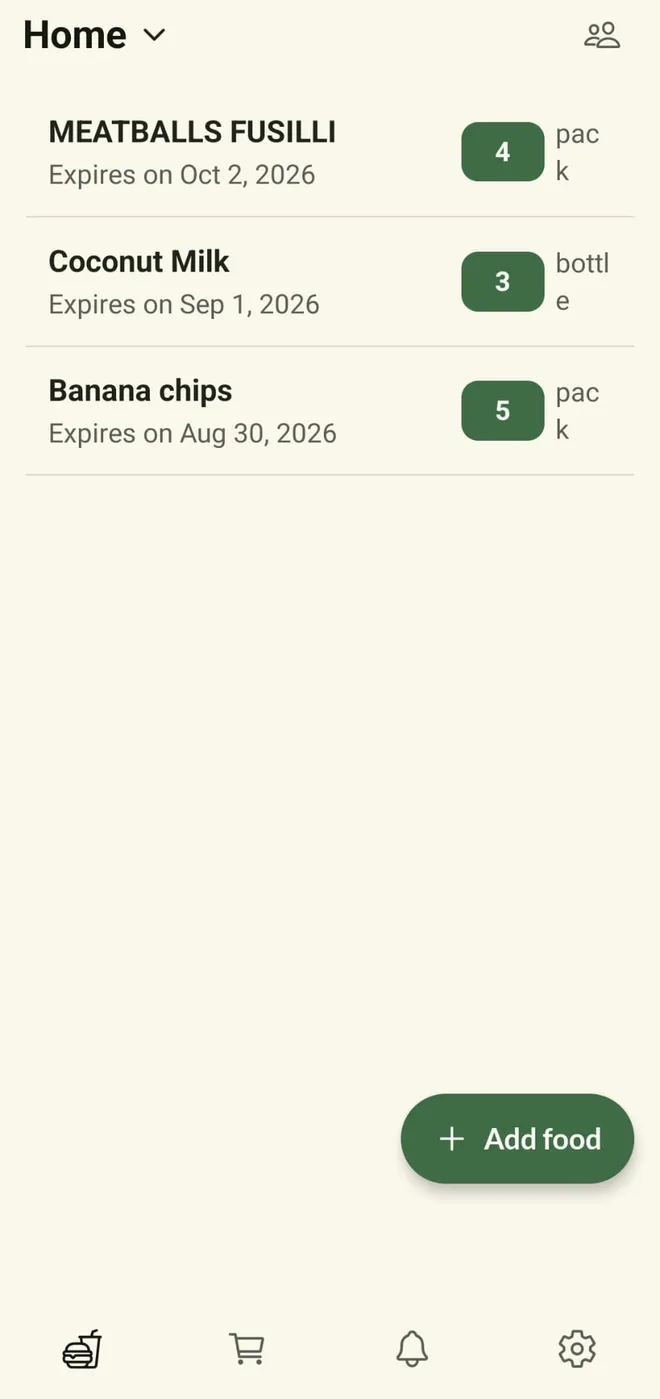 The pantry list, showing amounts and expiry dates