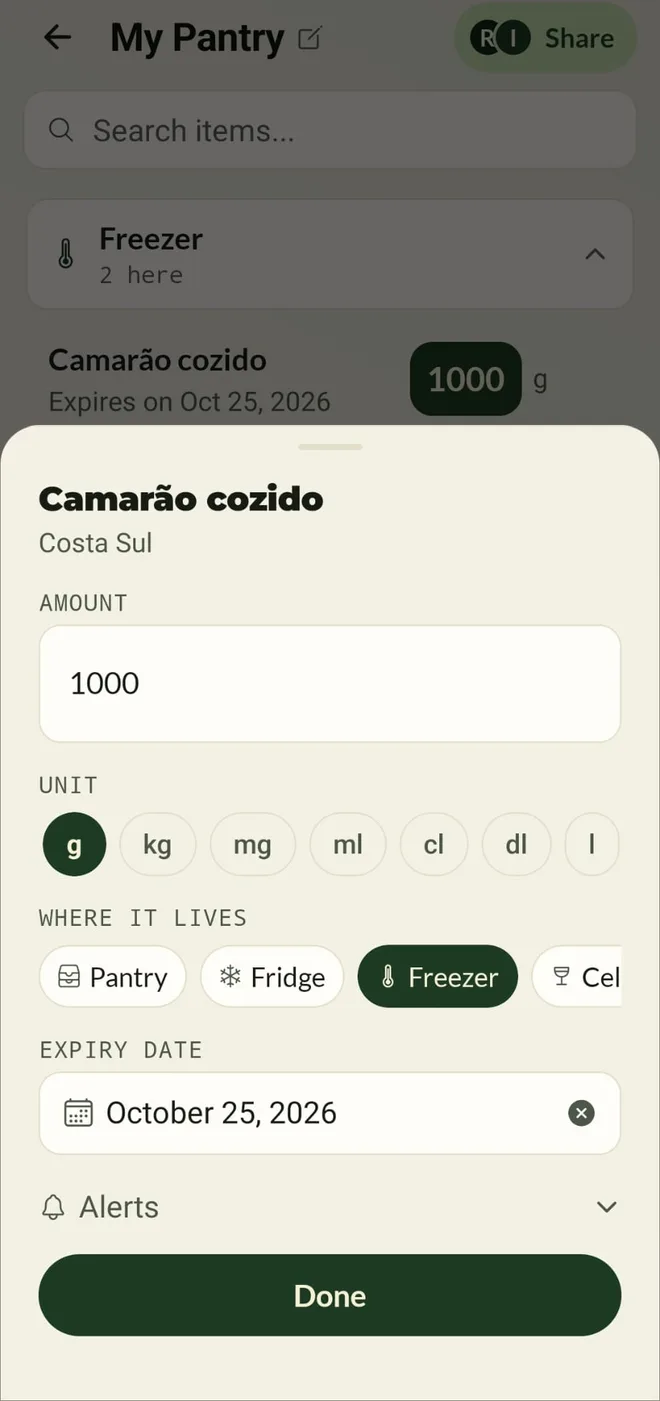 Editing an item: amount, unit, expiry date and warnings