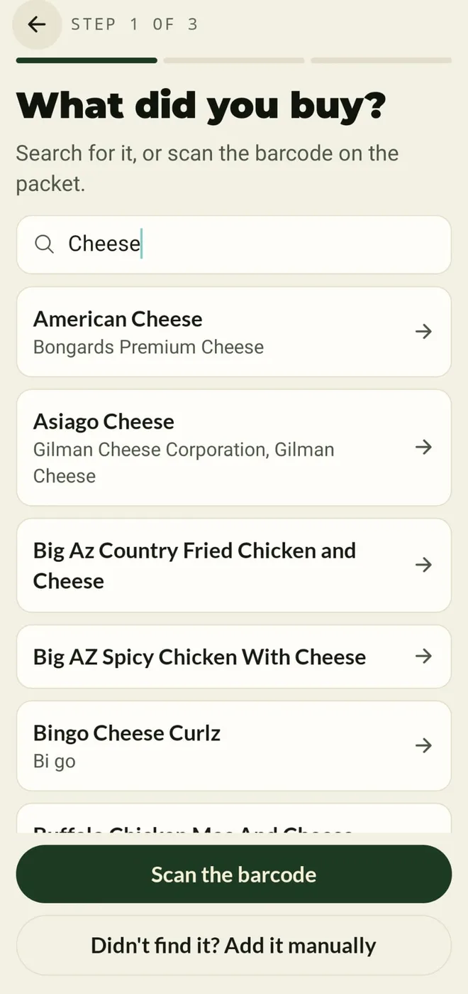 Searching for a product, with a scan-the-barcode button