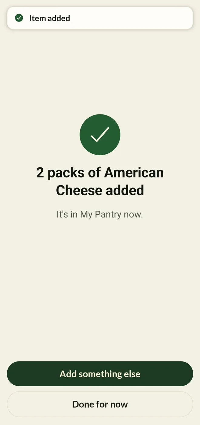 Confirmation that five packs were added to the pantry
