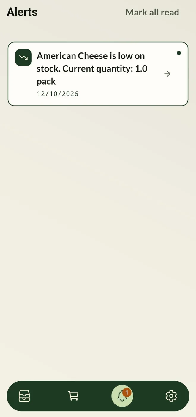 An alert saying an item is low on stock