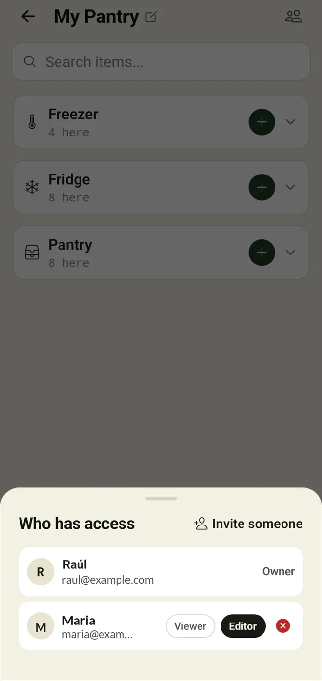Who has access to a pantry, with an invite button