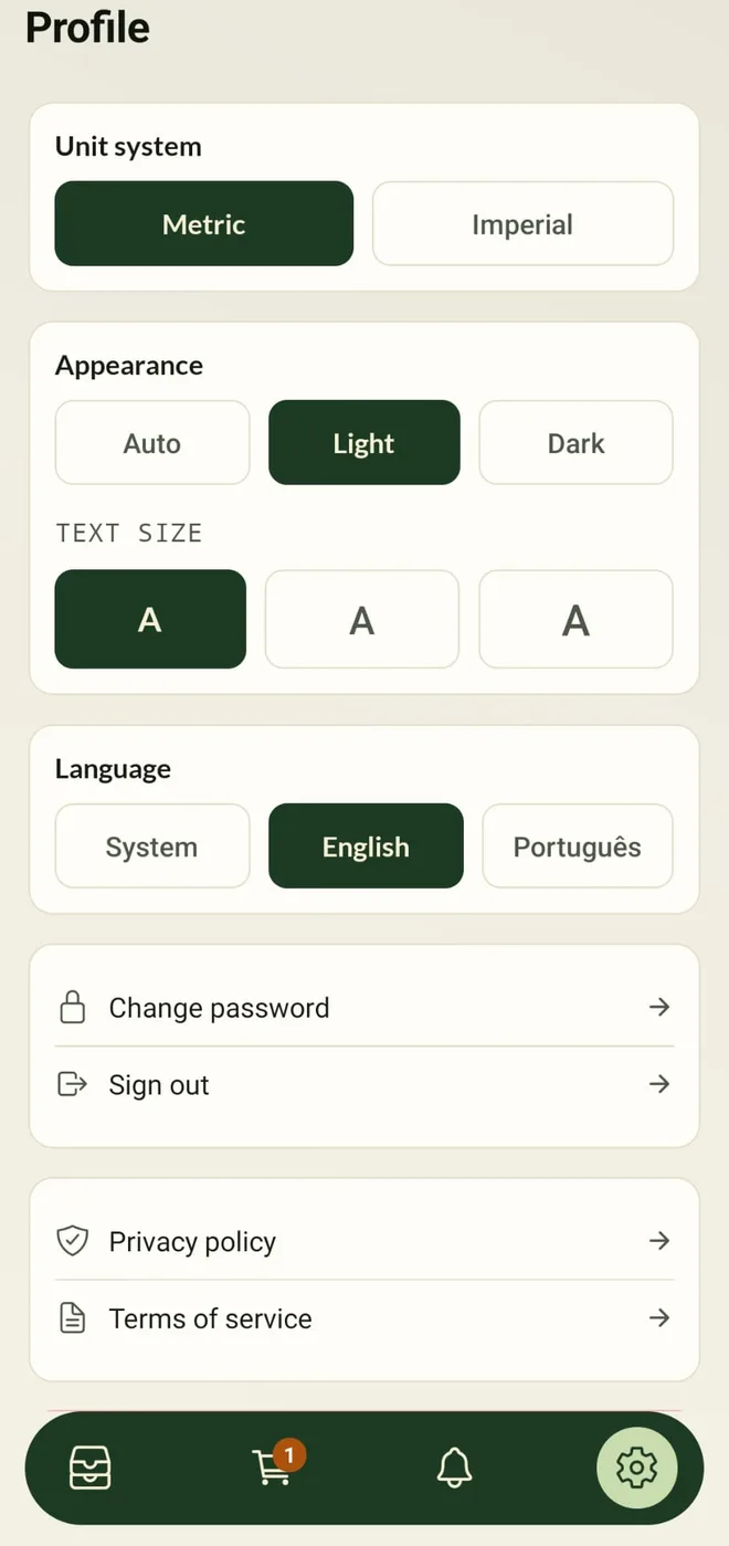 The profile screen: subscription, units, theme and language