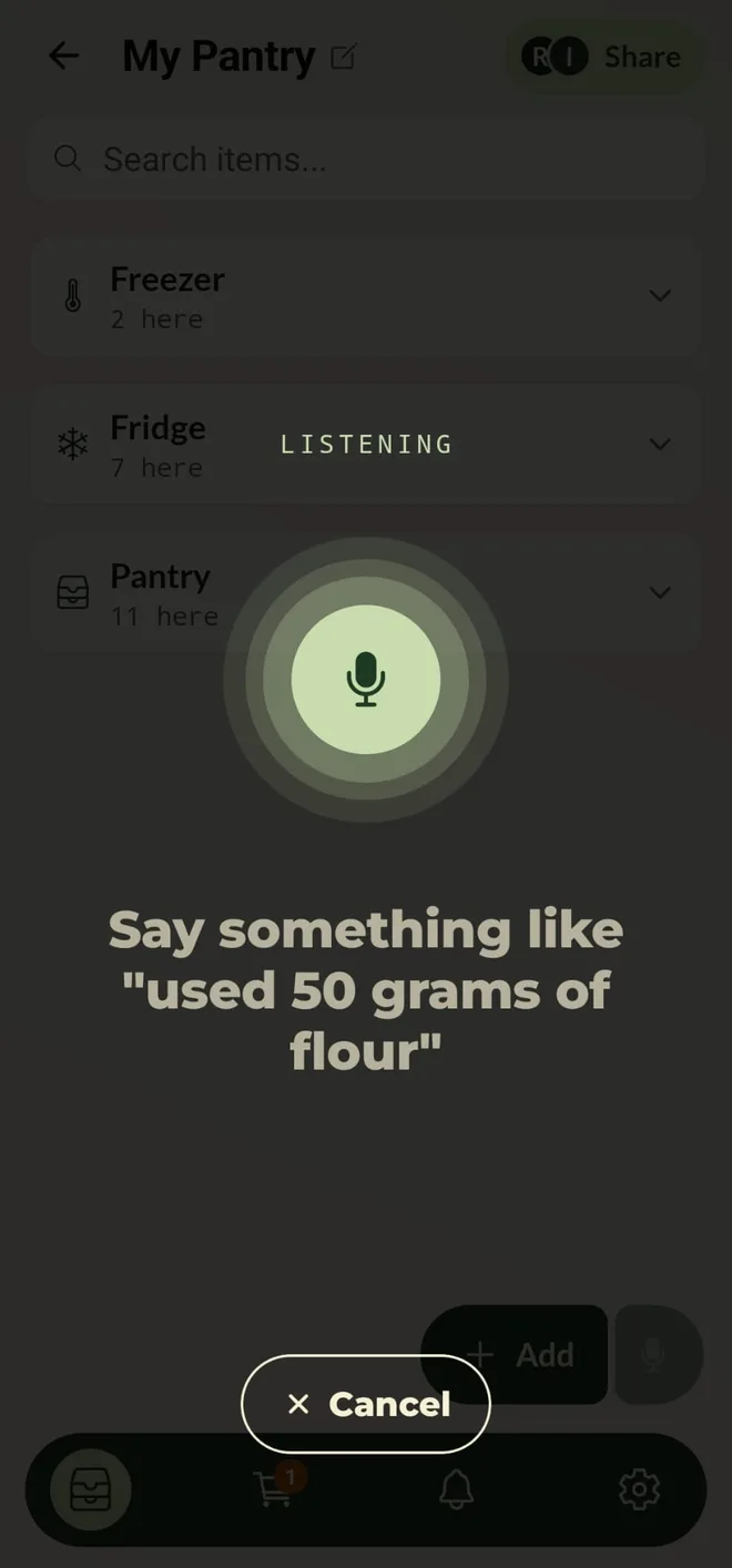 Listening, with the words heard so far on screen